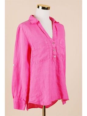 Sz S Zara 100% Linen Bubblegum Pink Convertible Popover Button Front Blouse EUC